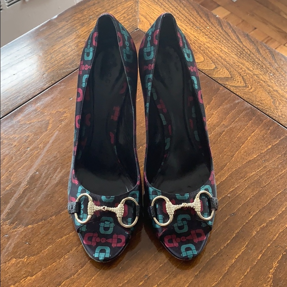 Gucci Satin Crystal Horsebit Peep-toe